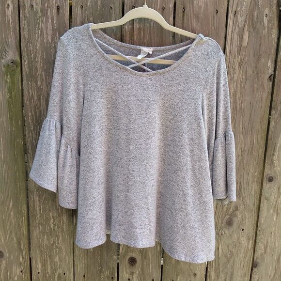 Caution To The Wind size L gray rayon knit top flounce sleeve - Picture 7 of 12